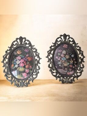 Set of 2 Italian ornate metal framed floral art. Vintage. 13”x10.
